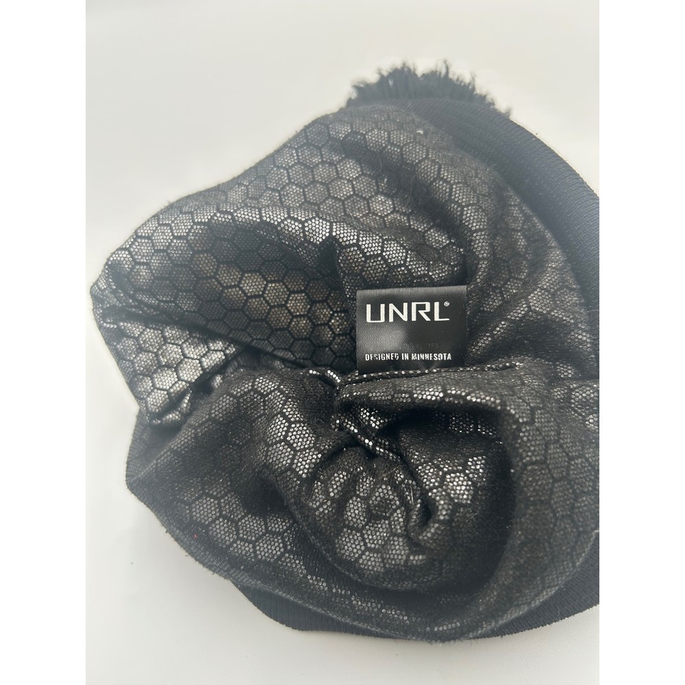 UNRL Black Knit Pom Beanie Hat Orange Shield Logo #18 Thermal Lining B914 - Picture 4 of 6